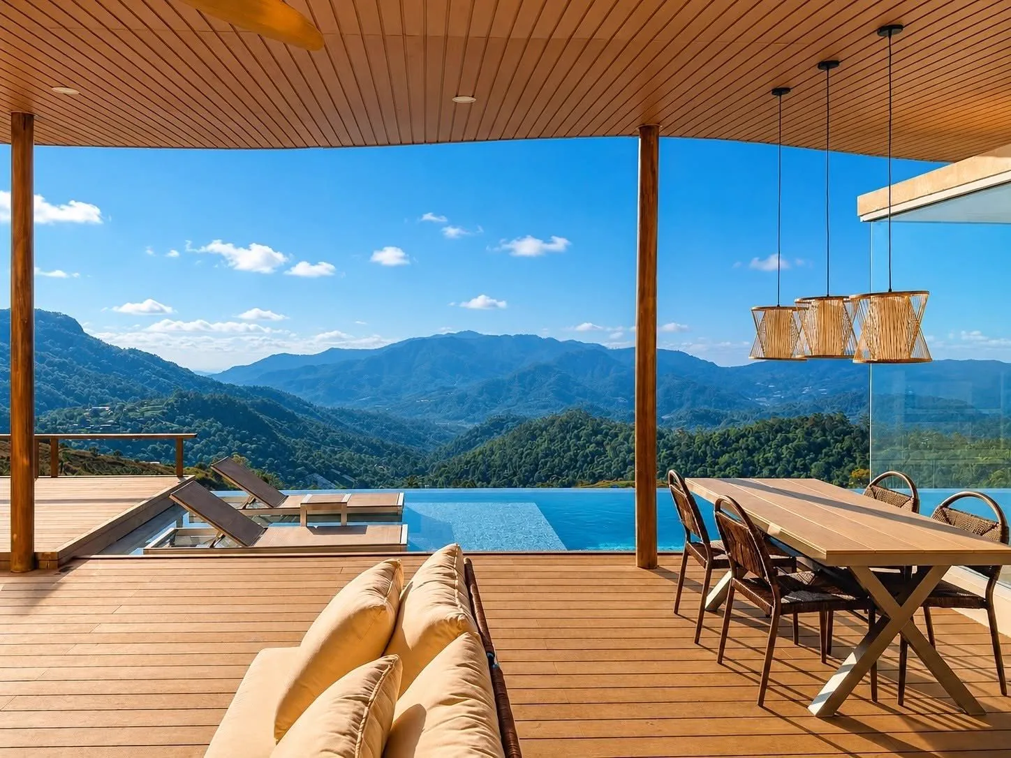 Living room and deck open to the mountains